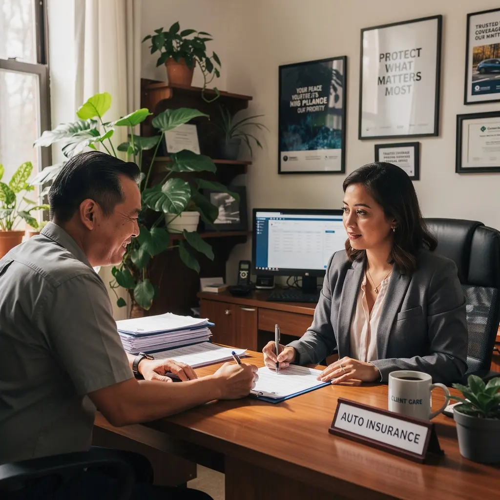 Pracownik biura ubezpieczeniowego omawiający korzyści płynące z polisy o niskich składkach i wysokich sumach ubezpieczenia.